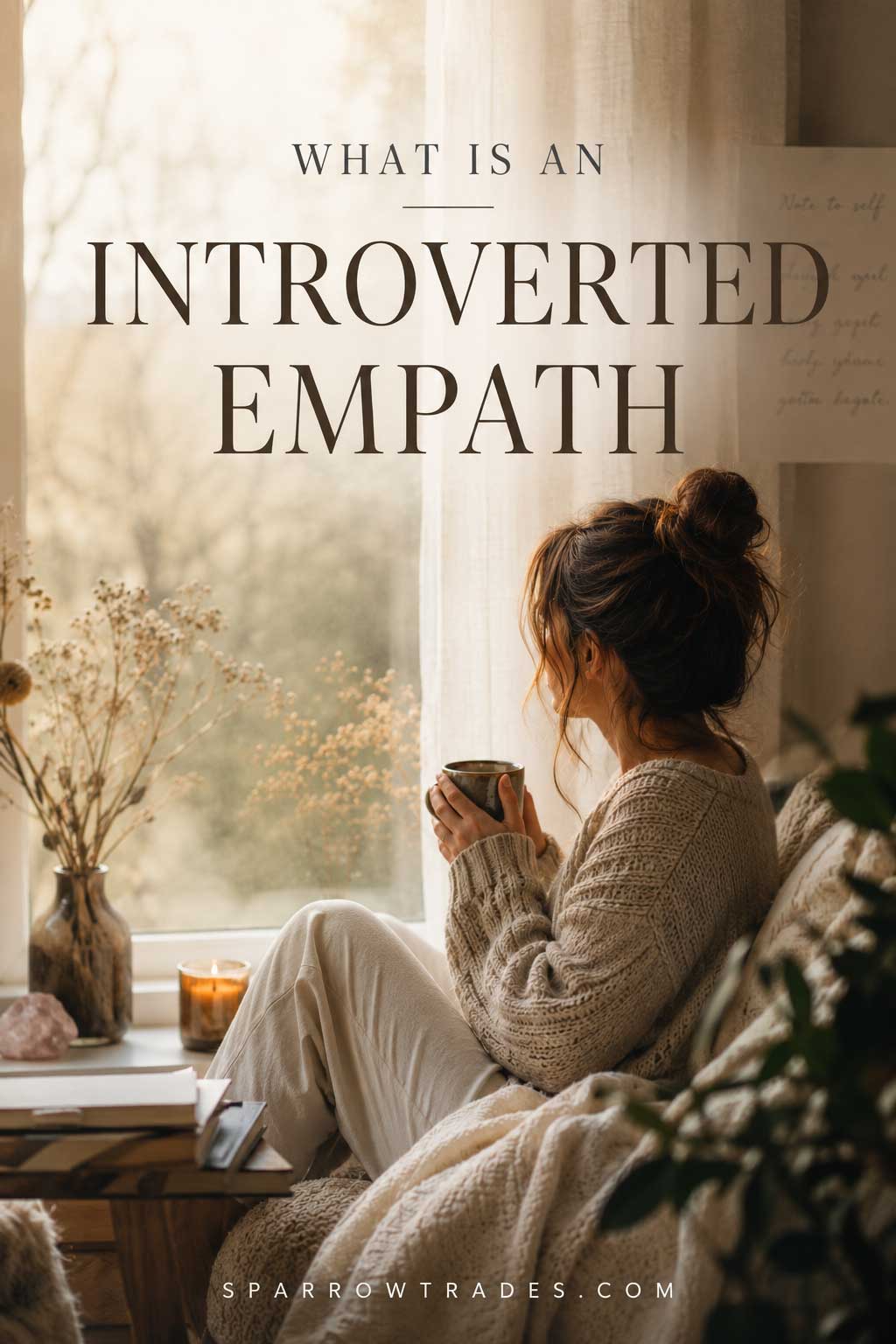 Person sitting quietly by a window holding a mug and looking outside in soft natural light