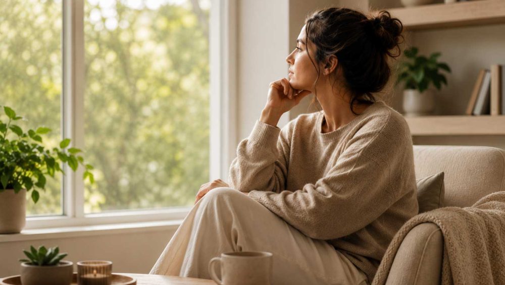 Person sitting quietly in a sunlit room looking out a window in a calm and reflective home setting.