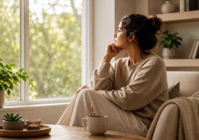 Person sitting quietly in a sunlit room looking out a window in a calm and reflective home setting.