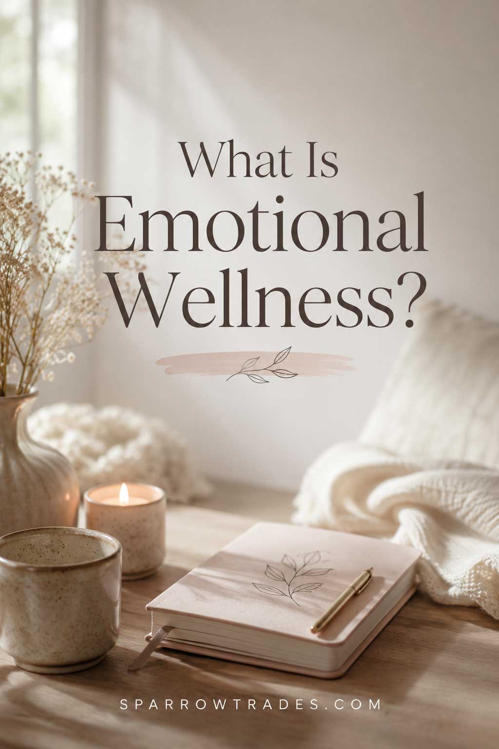 Softly lit journal, candle, and blanket arranged in a calm indoor setting with the text “What Is Emotional Wellness?” displayed.