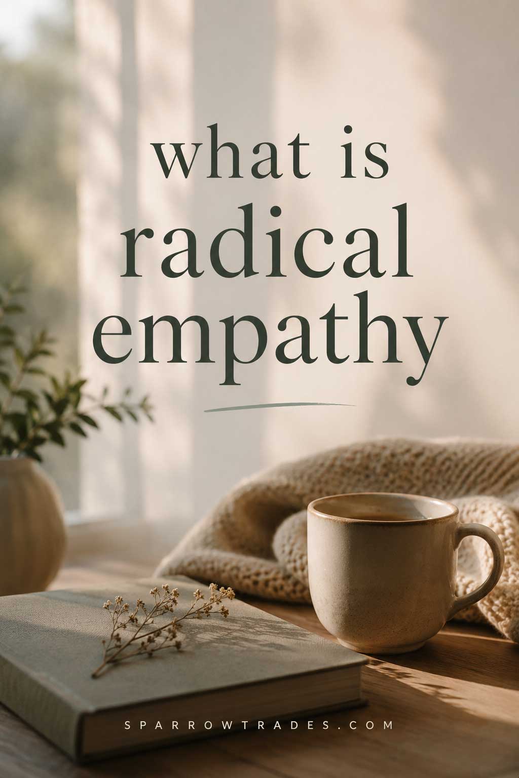 Softly lit interior scene with a book, cup, and reflective text about radical empathy in a calm wellness-inspired setting.