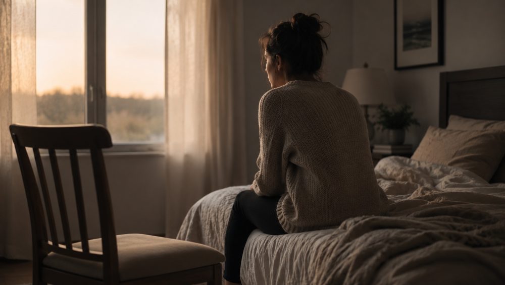 A person sitting on the edge of a bed beside an empty chair, looking out a softly lit window in a quiet bedroom.