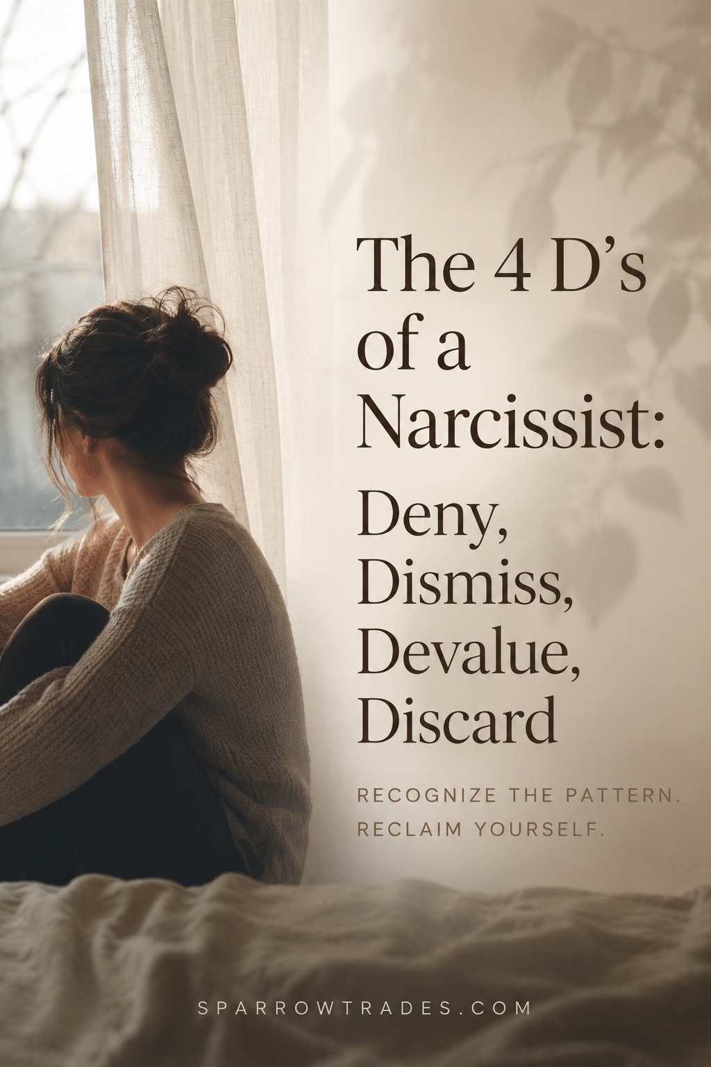 A person sitting quietly by a softly lit window with text about the four D's of a narcissist: deny, dismiss, devalue, and discard.