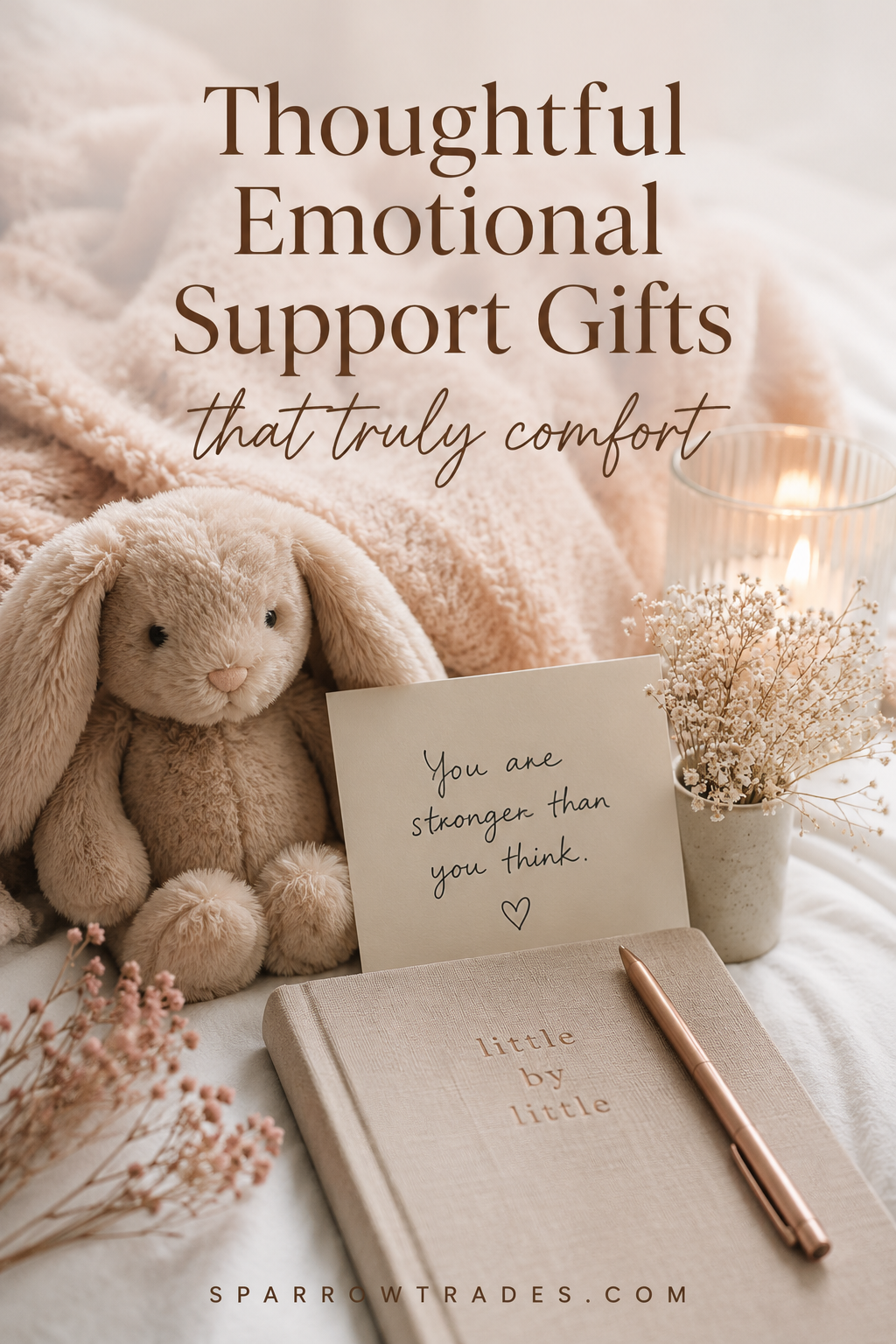 Soft plush bunny, handwritten encouragement note, journal, and candle arranged in a calming setting representing thoughtful emotional support gifts.