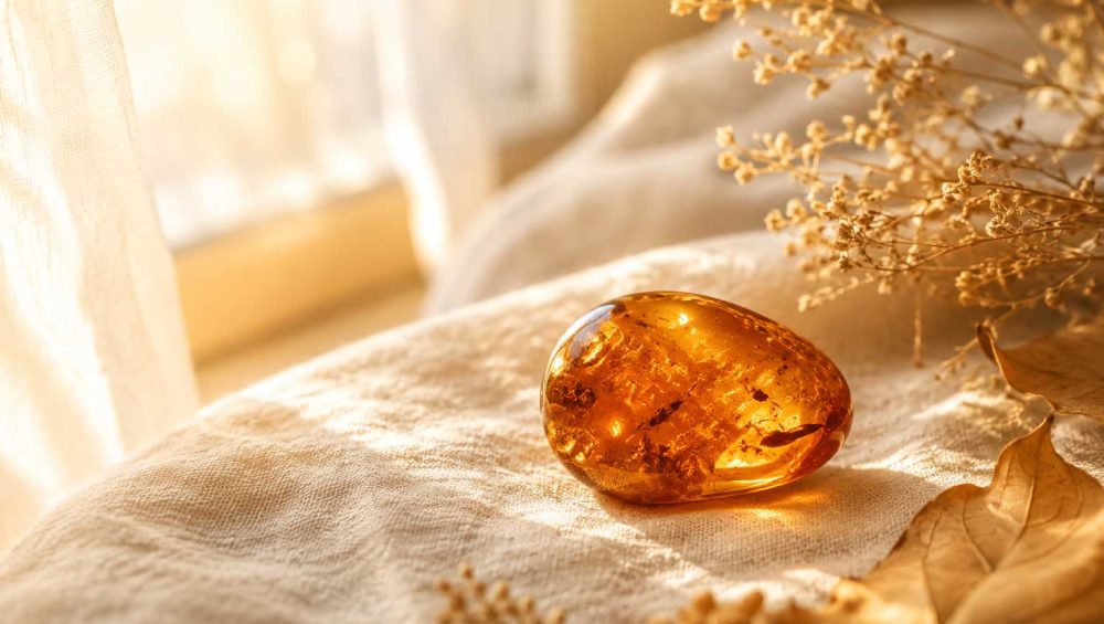 Polished amber gemstone resting on soft linen in warm natural sunlight with dried botanical accents.