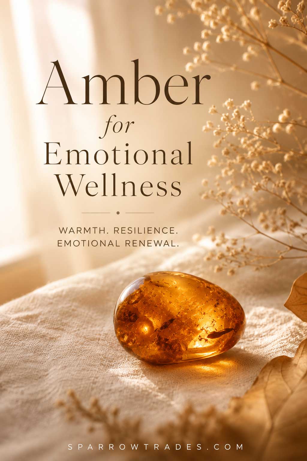 Golden amber gemstone resting on soft linen with dried botanical stems in warm natural light.