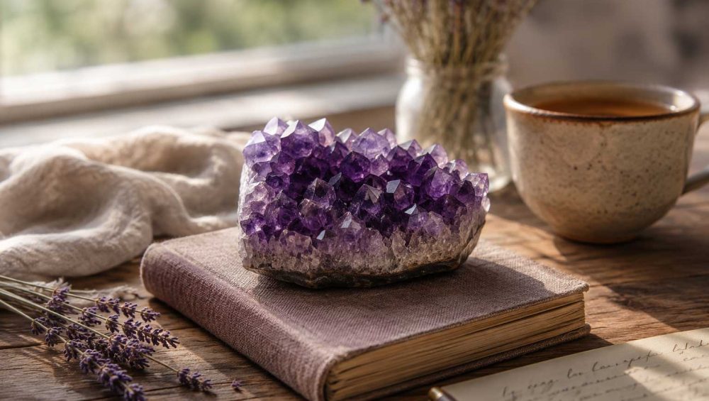 Amethyst crystal resting on a linen journal beside a cup of tea and dried lavender in soft natural light.