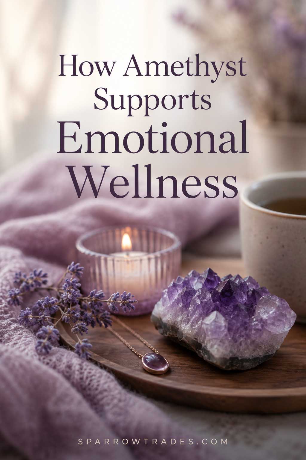 Editorial-style Pinterest image featuring an amethyst crystal, amethyst pendant necklace, lavender, a lit candle, and a cup of tea with the text "How Amethyst Supports Emotional Wellness."