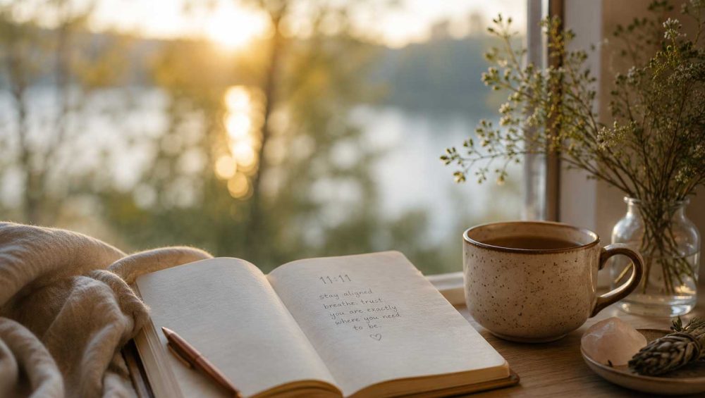 Open journal displaying the number 11:11 beside a cup of tea on a sunlit windowsill with a peaceful outdoor view.
