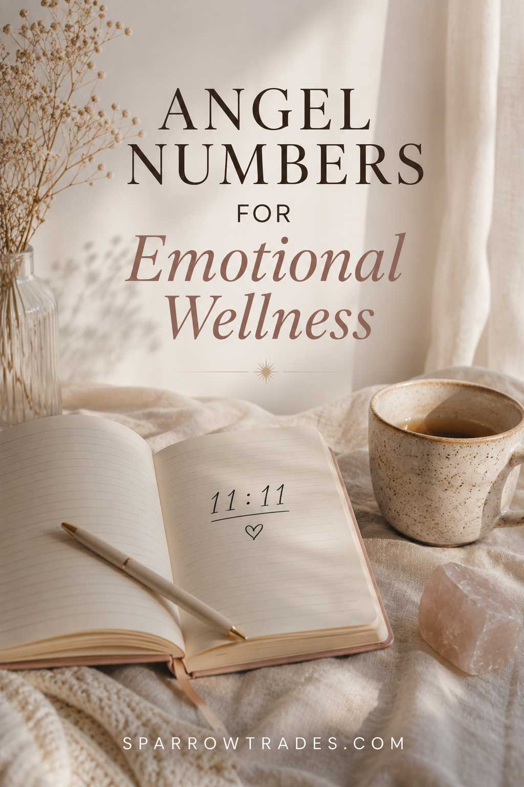 Open journal displaying 11:11 beside a ceramic mug in a soft neutral setting with the words "Angel Numbers for Emotional Wellness."