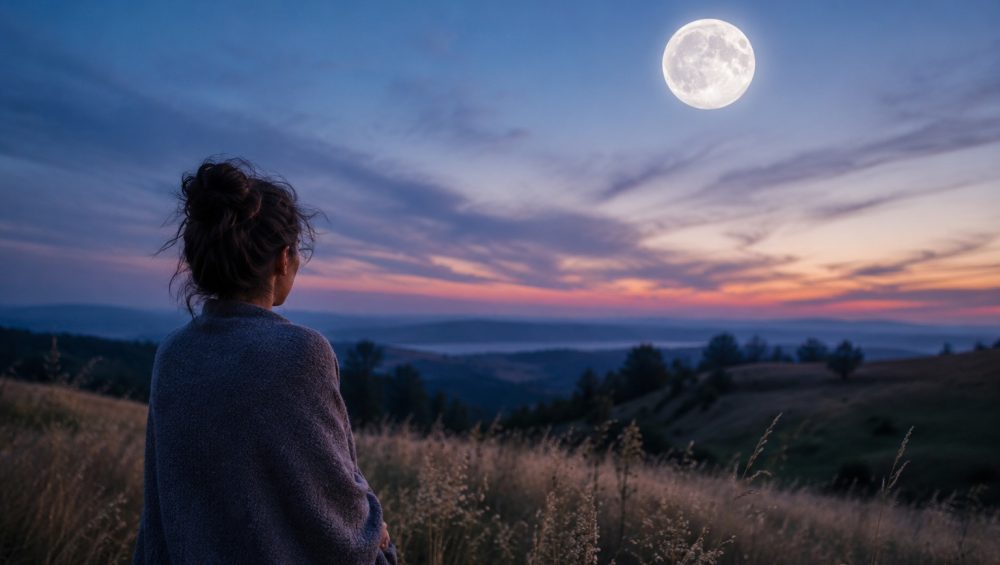 Person standing in a grassy field at twilight looking toward a bright full moon above the distant horizon.