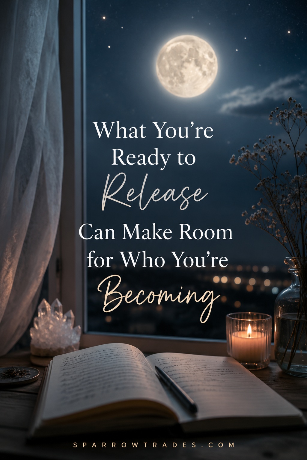Open journal beside a candle on a windowsill overlooking a bright full moon in the night sky, with text about releasing what no longer fits.