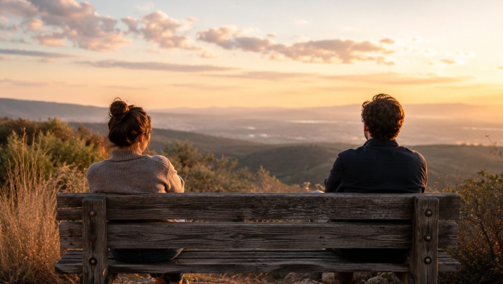 Two people sitting quietly on a wooden bench overlooking a peaceful landscape at sunset, reflecting the thoughtful nature of Aquarius Virgo compatibility.