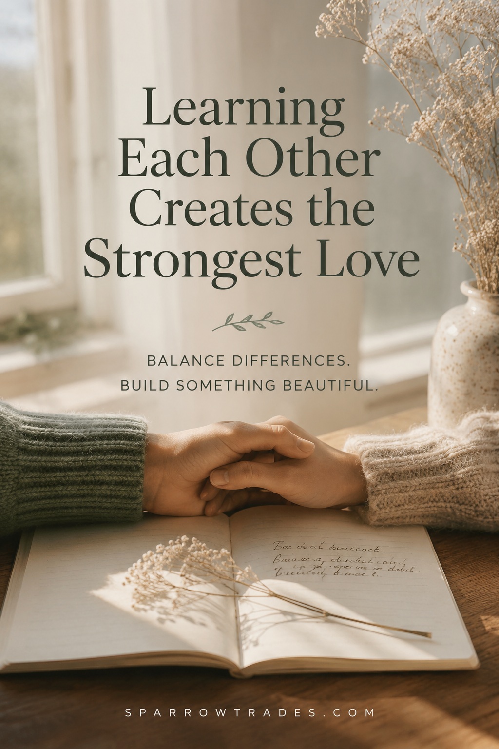 Two people holding hands across an open journal in warm natural light, reflecting thoughtful connection and relationship compatibility.