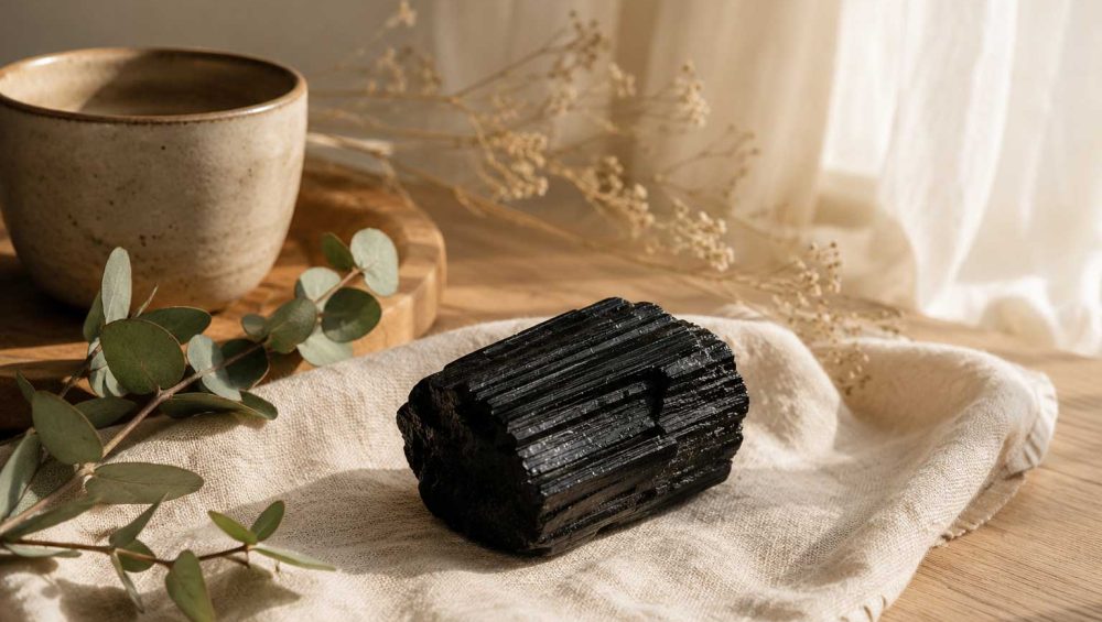 Raw black tourmaline crystal resting on natural linen beside a ceramic cup in warm morning light.