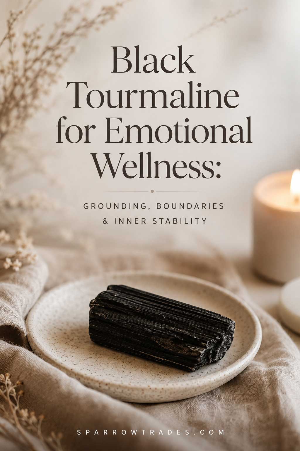 Pinterest graphic featuring a black tourmaline crystal with the title "Black Tourmaline for Emotional Wellness: Grounding, Boundaries & Inner Stability" on a soft neutral background.