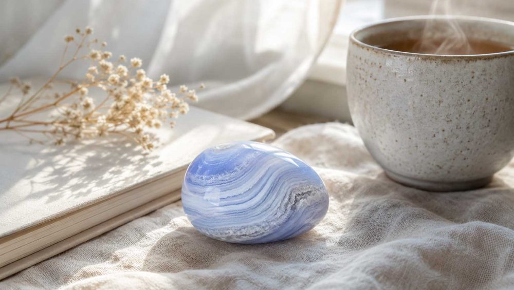 Polished blue lace agate resting on soft linen beside a ceramic cup in warm natural morning light.