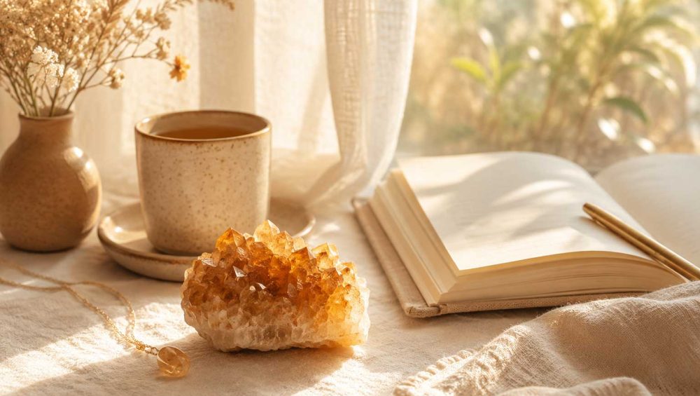 Warm morning light illuminating a natural citrine crystal beside an open journal, ceramic tea cup, and delicate jewelry on a neutral linen surface.