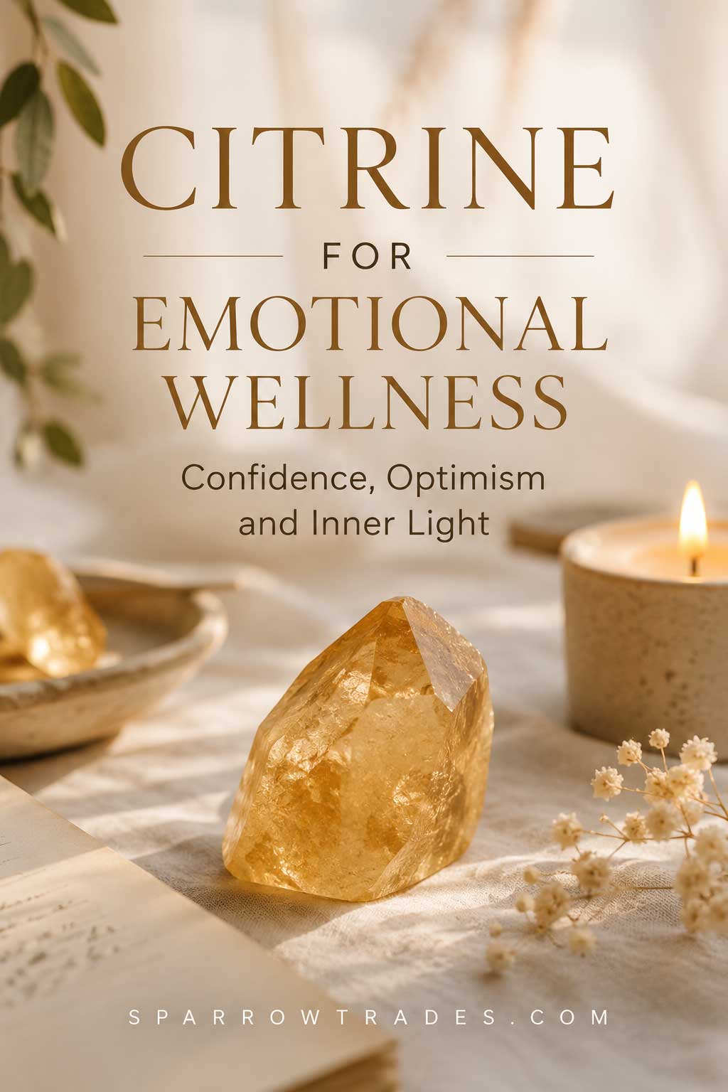 Warm golden citrine crystal displayed on a soft linen surface beside a journal and candle in a calm, naturally lit wellness setting.