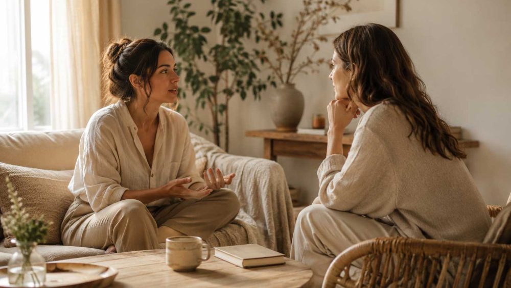Two people having a calm conversation in a softly lit living room, listening attentively and connecting in a peaceful setting.