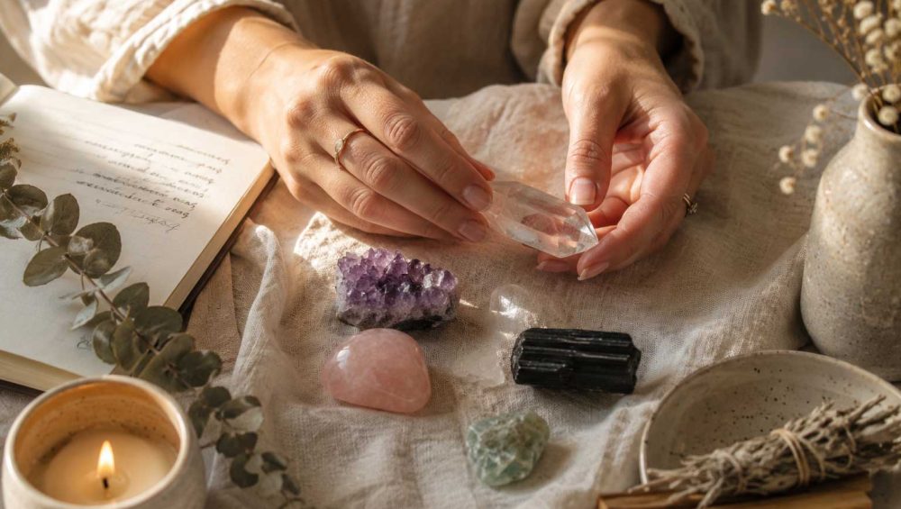 Hands holding a clear quartz crystal beside other crystals, a journal, dried herbs, and a candle on neutral linen.