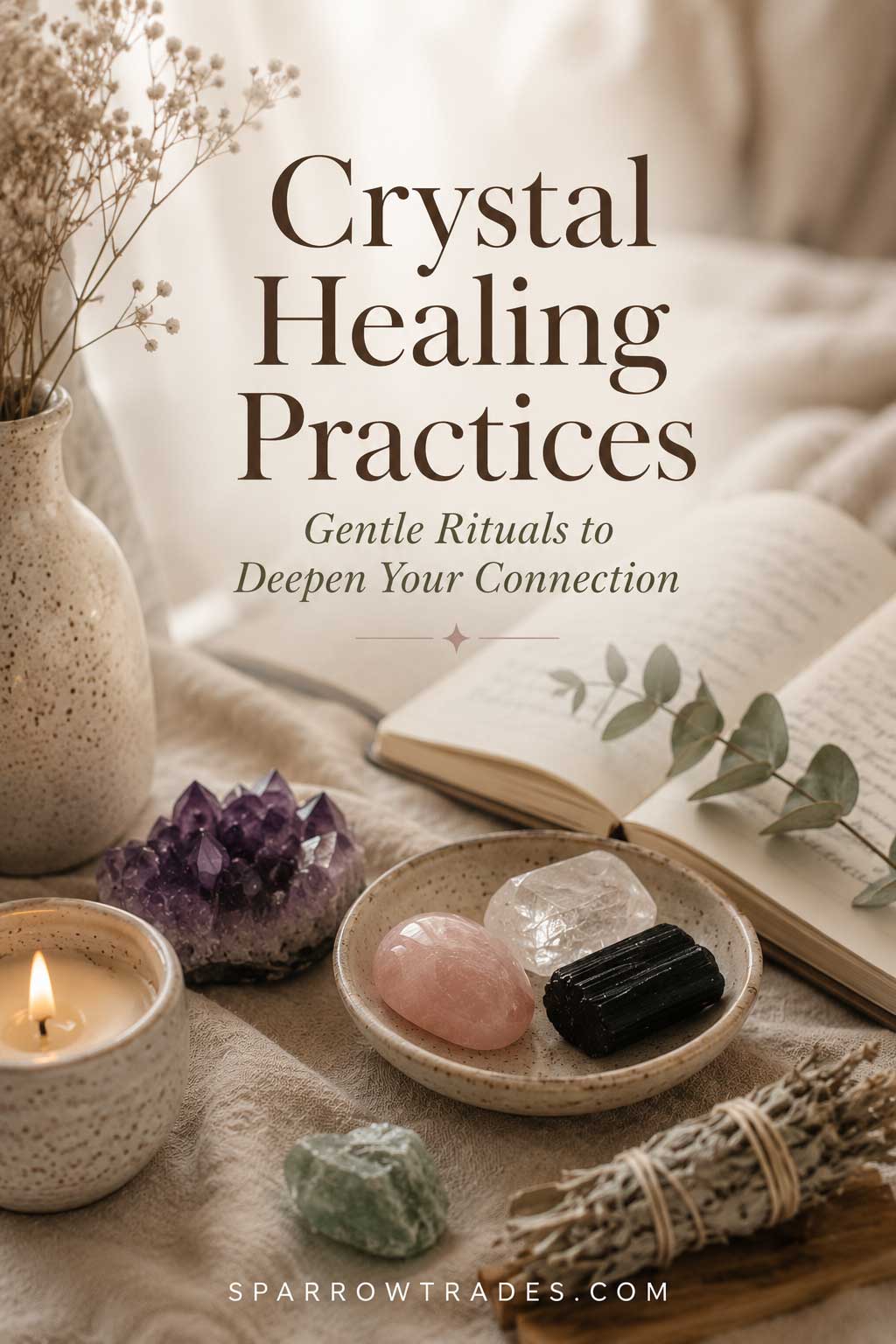 Natural crystals arranged beside an open journal, candle, and dried botanicals in a calm, softly lit setting.