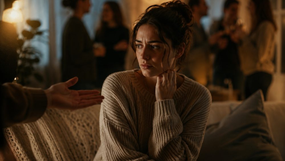 A person sits quietly while someone reaches toward them, reflecting on the emotional difficulty of saying no in a social setting.
