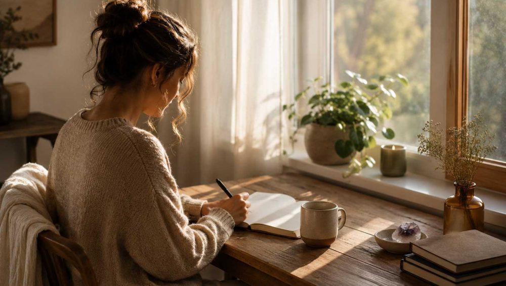 Person writing in a journal at a sunlit wooden desk with a cup of tea and plants, reflecting during a quiet morning routine.