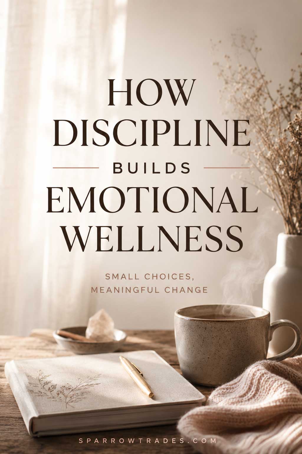 Warm editorial scene with a journal, pen, and cup of tea on a wooden table with text about discipline for emotional wellness.