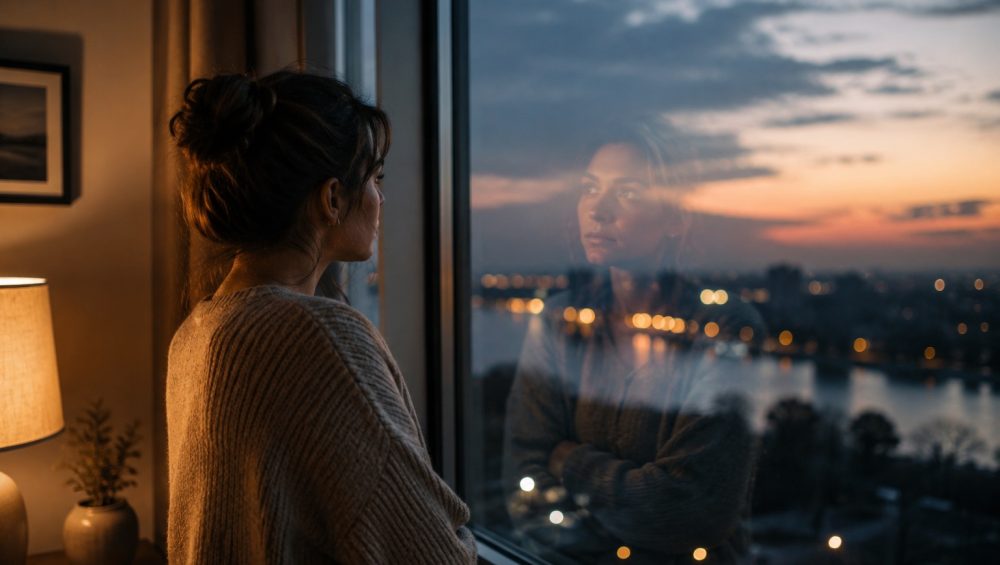 Person standing by a window at dusk, looking thoughtfully at their reflection.