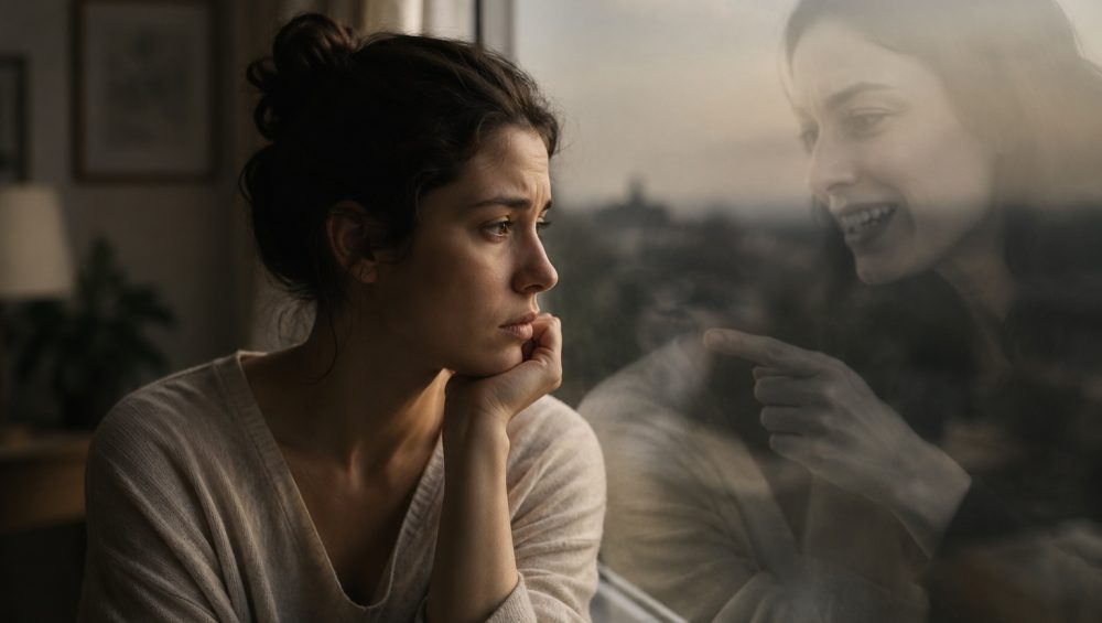 A thoughtful person looks out a window while their reflection appears distorted, symbolizing emotional confusion and manipulation.