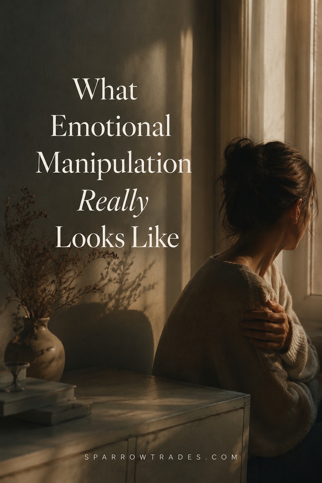 A person sitting alone by a window in quiet reflection, conveying emotional uncertainty and the subtle impact of emotional manipulation.