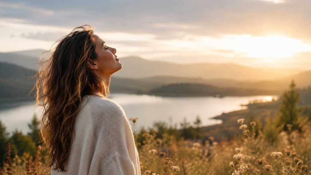 Person standing peacefully in a sunlit meadow overlooking a calm lake during golden hour, reflecting a quiet moment of emotional release.