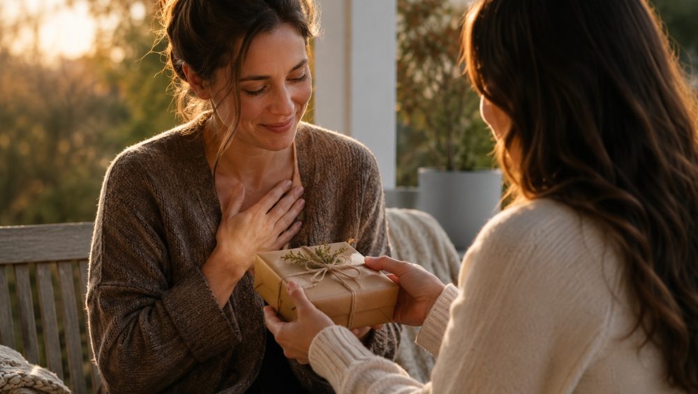 Two people sharing a thoughtful gift during a quiet outdoor moment, symbolizing emotional support and comfort.