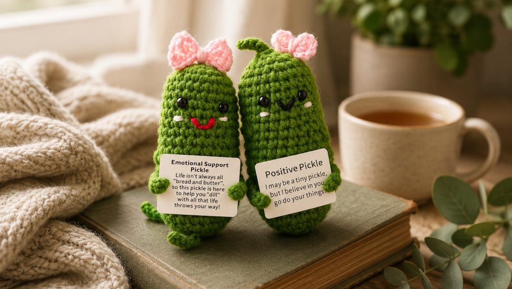 Two crocheted emotional support pickles resting on a vintage book beside a knitted blanket and a cup of tea in soft natural light.
