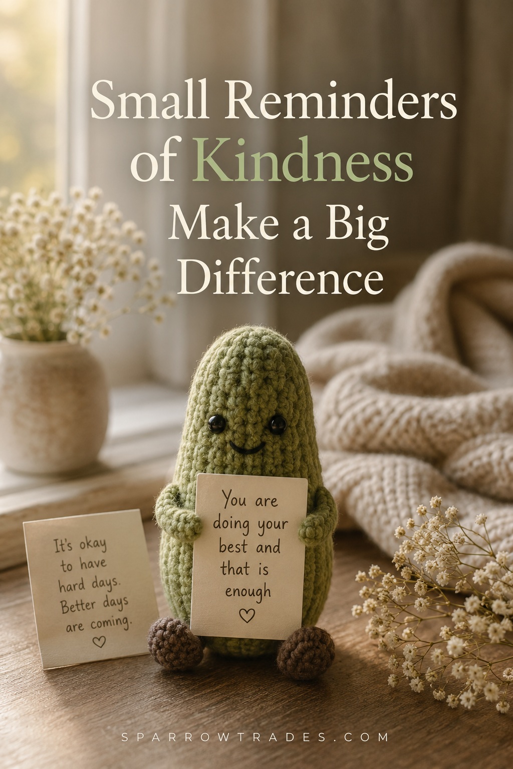 A crocheted emotional support pickle holding an encouraging note on a wooden table in a softly lit room with cozy blankets and dried flowers.