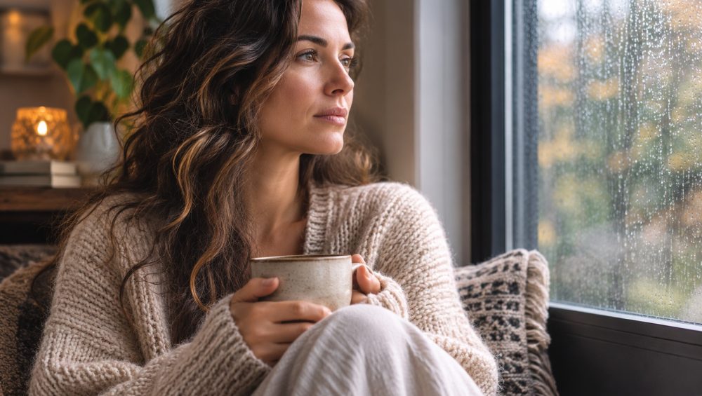 Person sitting quietly by a rain-covered window holding a warm mug while reflecting in soft natural light.