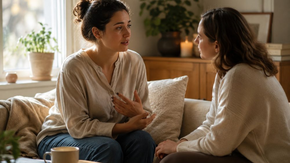 Two people sitting together in a calm living room as one shares their feelings while the other listens with empathy and understanding.