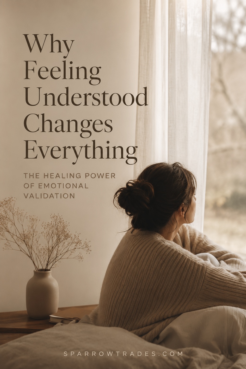 A person sitting quietly by a window in soft natural light, reflecting after feeling emotionally understood and supported.