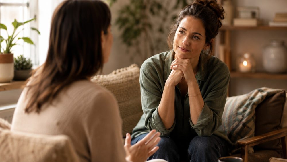 Person listening attentively with warmth and compassion during a calm conversation in a comfortable home setting.