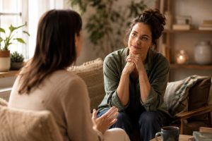 Person listening attentively with warmth and compassion during a calm conversation in a comfortable home setting.