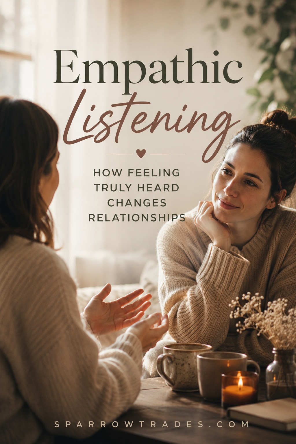 Two people having a thoughtful conversation while one listens with empathy in a warm, softly lit room.