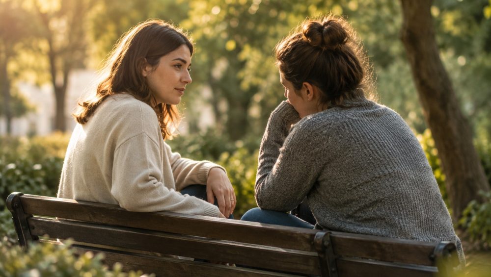 Two people sitting together on a park bench as one listens attentively while the other shares an emotional moment.
