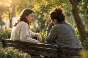 Two people sitting together on a park bench as one listens attentively while the other shares an emotional moment.