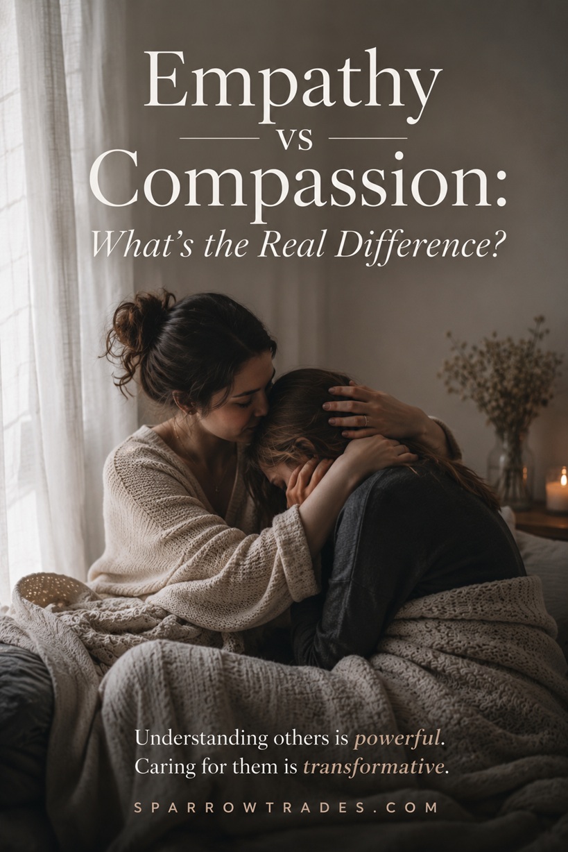 One person gently embraces another who is crying, illustrating emotional support, empathy, and compassion in a quiet indoor setting.