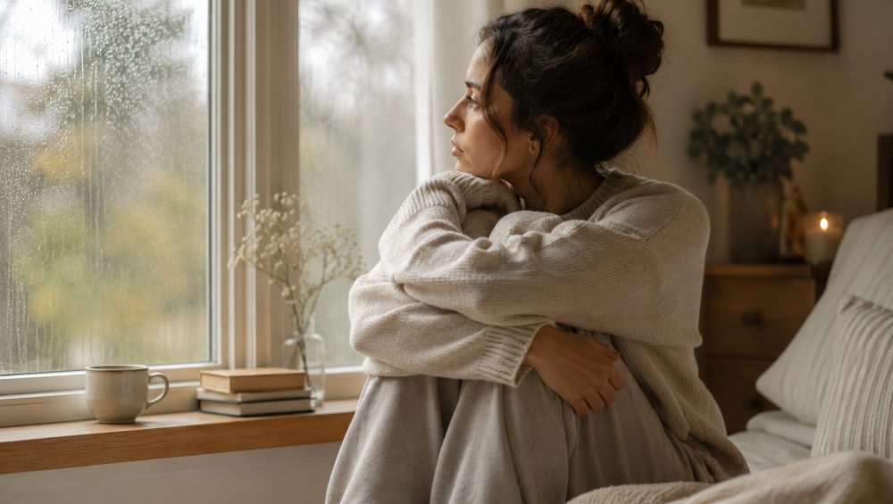 A person sitting beside a rain-covered window, hugging their knees while quietly reflecting in a softly lit bedroom.