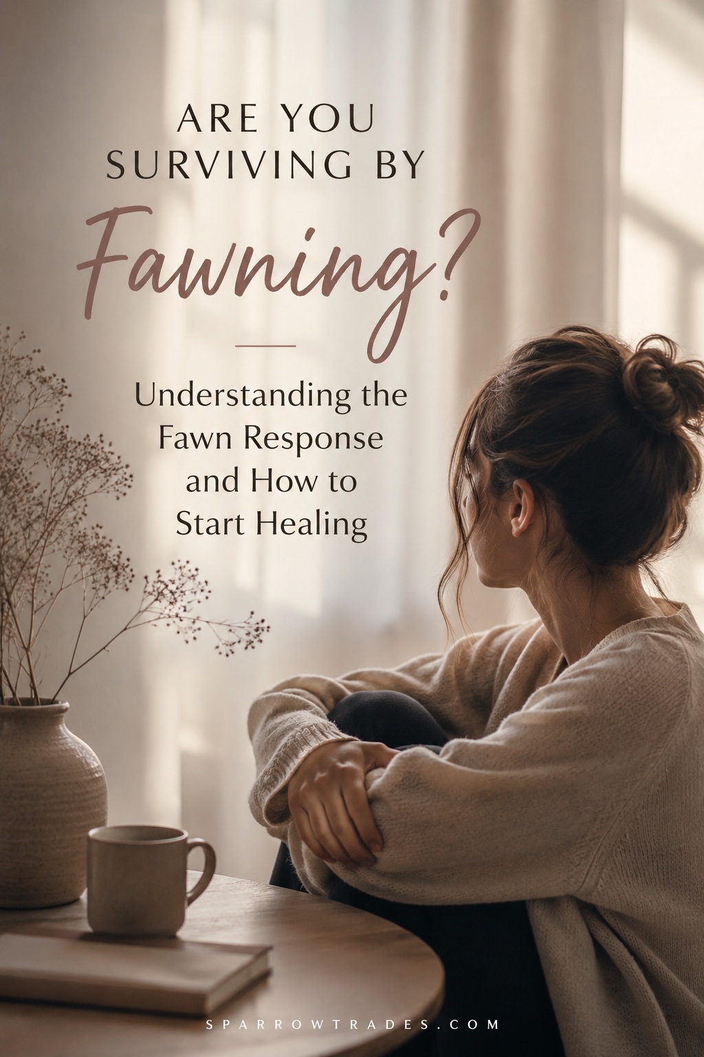 Person sitting quietly by a sunlit window in thoughtful reflection with the text "Are You Surviving by Fawning?" about understanding the fawn response.