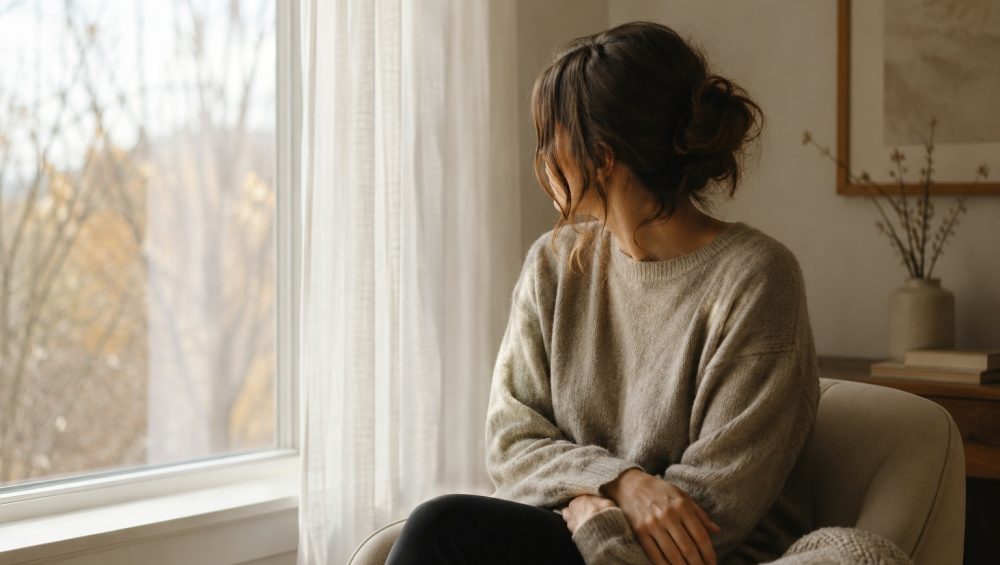 A person sitting quietly by a window with folded hands, looking outside in a softly lit room.