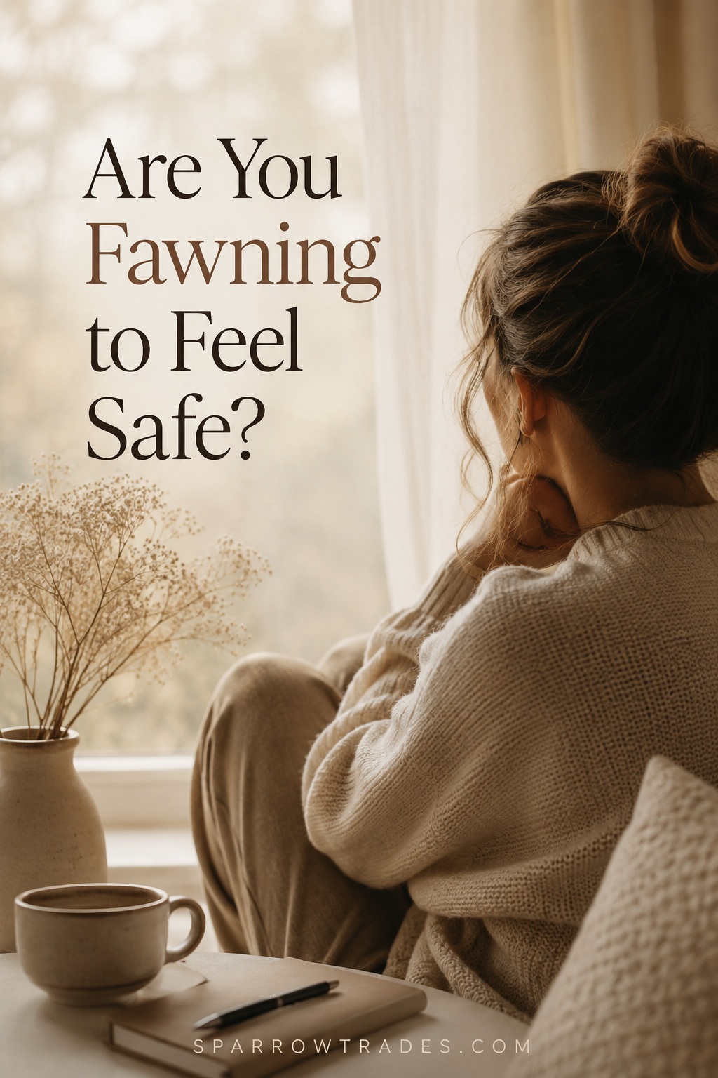 A person sits quietly by a window in soft natural light, reflecting while looking outside with the text "Are You Fawning to Feel Safe?"