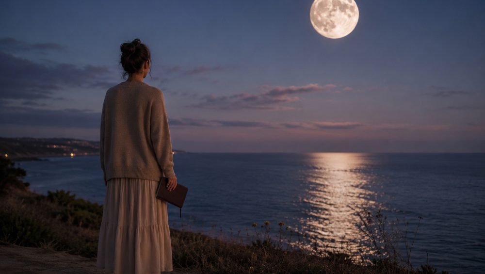 A person standing barefoot on a coastal bluff at night, holding a journal while looking toward a bright full moon reflecting across the ocean.